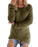  Women Sweater Solid Color Soft Fluffy Irregular Hem Knitted Pullover F