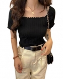 Summer Women T Shirts Short Sleeves Solid Color Off Shoulder Knitted T