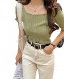  Summer Women T Shirts Short Sleeves Solid Color Off Shoulder Knitted T