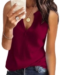  Tank Top Women Summer  Solid Color  V Neck Sleeveless Knitted Vest Cro