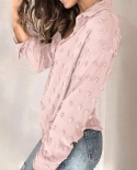  Women Shirt Fashion Casual Solid Color Vintage Jacquard Summer Buttons