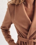 يمزج الصوف معطف طويل للمرأة كبيرة الحجم بلون الخصر حزام الخريف فوز