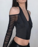  Women Blouse Halter See Through Crop Top Net Yarn Zipper V Neck Shirts