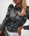  Women Shirts Long Sleeve Soft Touching Faux Leather Blouses Shirt Top 