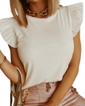  Summer Women Tshirt Fashion Solid Color Ruffled Sleeve Female Tee Shir