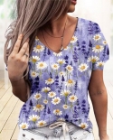  Summer Fashion Female T Shirt V Neck Elegant Women Flower Pattern Shor