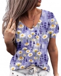  Summer Fashion Female T Shirt V Neck Elegant Women Flower Pattern Shor