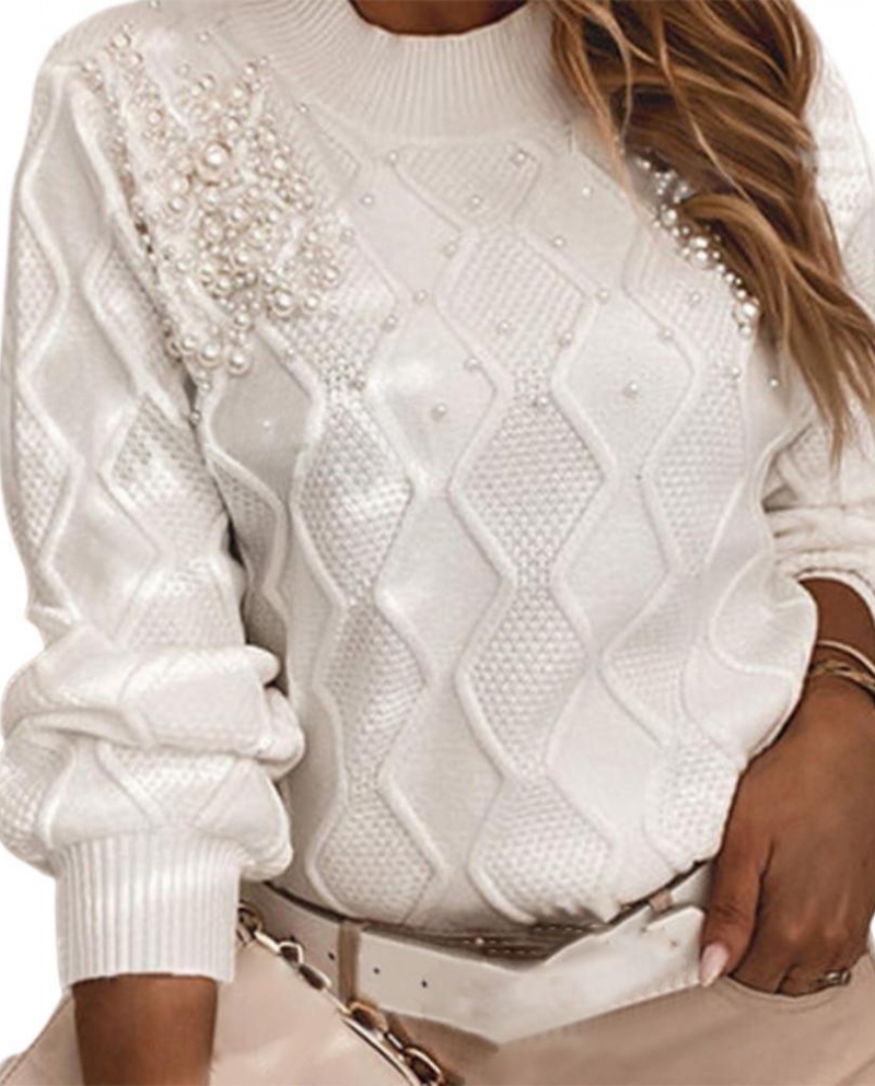  Beading Decor Women Sweater Long Sleeve Acrylic Fiber Elegant Knitted 