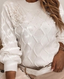  Beading Decor Women Sweater Long Sleeve Acrylic Fiber Elegant Knitted 