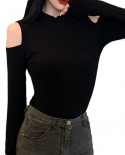  T Shirt Women  Solid Color Cold Shoulder Long Sleeve Skinny T Shirt Mo