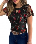 Spring Summer Women T Shirt Hollow Out Ruffled Sleeve Marguerite Flora