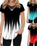  Women T Shirt Summer Cross Straps Casual Gradient Color Tshirt Short S