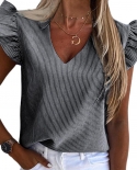  Office Lady T Shirt Women Summer V Neck Stripes Short Ruffled Sleeve C