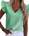  Office Lady T Shirt Women Summer V Neck Stripes Short Ruffled Sleeve C