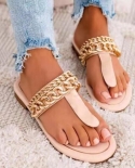  2022 Summer New Womens Casual Clip Toe Flat Sandals Metal Chain Decor