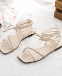  Ladies Sandals 2022 New Summer Fashion Roman Rhinestone Lace Up Flat S