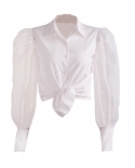  White Blouse Women Vintage Patchwork Puff Long Sleeve Elegant Ladies S