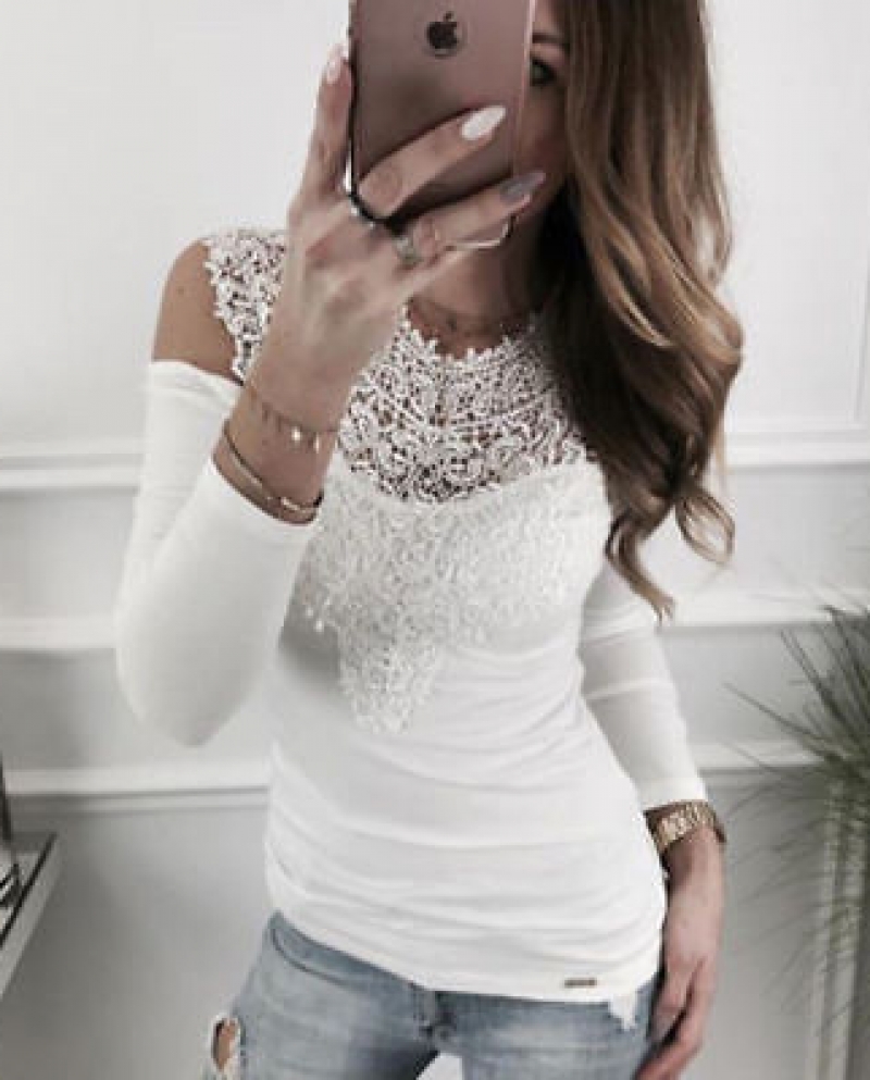  Fashion Long Sleeve Blouse Women Tee Shirt Hollow Out Lace Off Shoulde