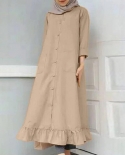  Round Neck Large Hem Solid Color Ruffle Casual Long Dress For Holidayd