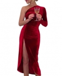 2022 Año Nuevo Vestido de fiesta rojo Brillo Un hombro Asimétrico Fruncido