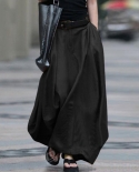  Women Skirt High Waist Solid Color Cotton Blend Large Hem Pocket Maxi 