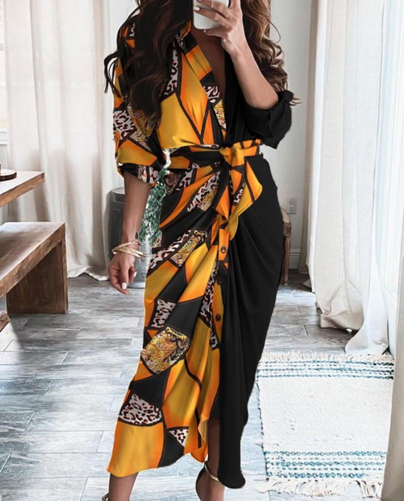 US$29.19- Spring Office Lady Sundresselegant Women Pleated Long Shirt Dress  Prin-Description