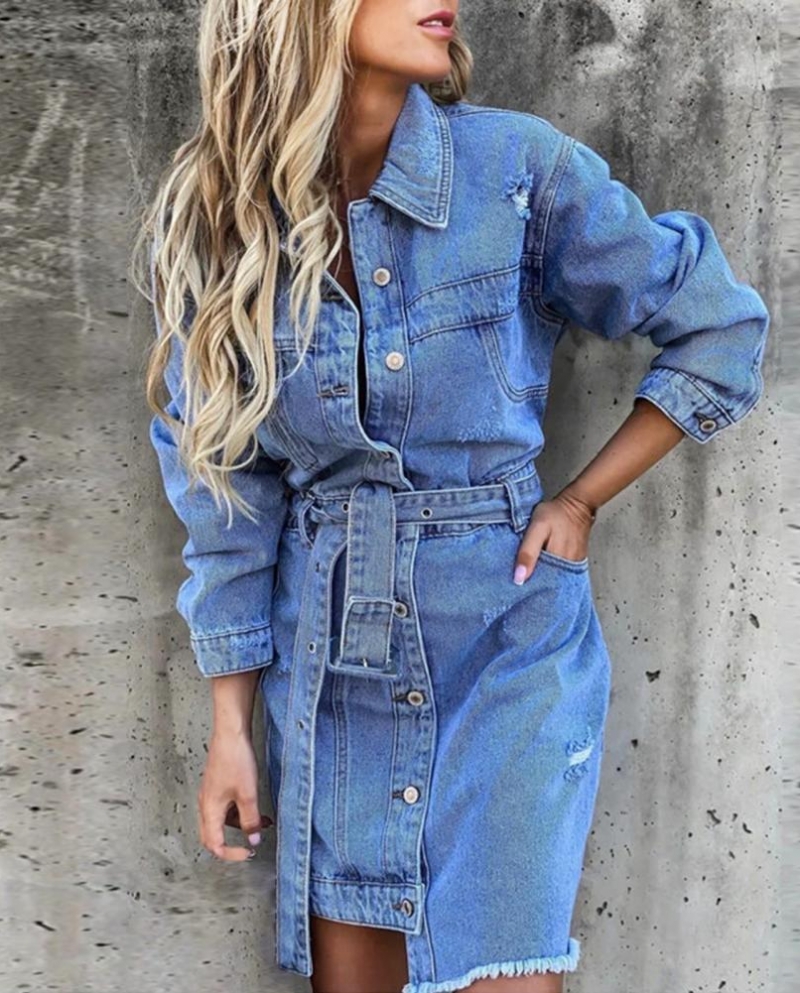 Solid rivets long sleeve denim 2024 dresses