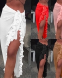 Summer Women Solid Color Beach Long Skirt Ruffles Sarong Wrap Bikini C
