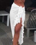 Été femmes couleur unie plage longue jupe volants Sarong Wrap Bikini C