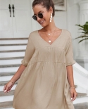  2022 Spring Summer Solid V Neck Half Sleeve Loose Woman Dress Casual F
