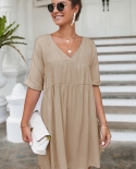  2022 Spring Summer Solid V Neck Half Sleeve Loose Woman Dress Casual F