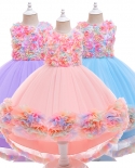  Girl Dress Tail Banquet Dress Flower Evening Dress Net Gauze Princess 