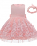  Baby Girl Dress Lace Princess Dress Bowknot Headwear Sweet Cute Sleeve