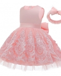  Baby Girl Dress Lace Princess Dress Bowknot Headwear Sweet Cute Sleeve