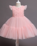  Girl Flower Net Gauze Puffy Princess Dress Sweet Flower Girl Dress Fan