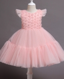  Girl Flower Net Gauze Puffy Princess Dress Sweet Flower Girl Dress Fan