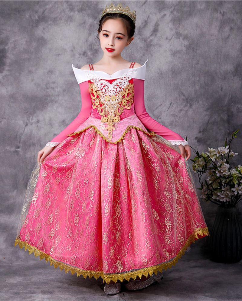 Girl Dress Sleeping Beauty Princess Dress Long Sleeve Strapless Lace D
