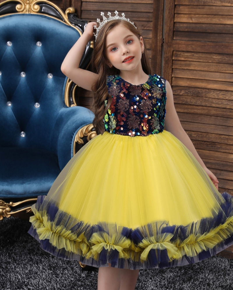  Girl Dress Sequin Mesh Dress Sweet Bow Princess Dress Children Dress E