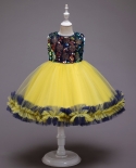  Girl Dress Sequin Mesh Dress Sweet Bow Princess Dress Children Dress E