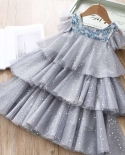  Girls Summer Dresses For Kids Fairy Lace Mesh Cake Sequin Layered Prin