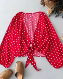  Bean Green Polka Dot Knot Cropped Top And Cake Skirt Women S Two Piece Set