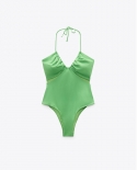 ملابس سباحة نسائية من قطعة واحدة بتصميم مفتوح باللون الأخضر الصيفي