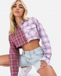  New Ladies Plaid Contrast Color Cropped Shirt