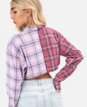  New Ladies Plaid Contrast Color Cropped Shirt