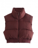  Brown Stand Collar Women S Fashion Short Autumn And Winter Vest Zipper Cotton Jacket