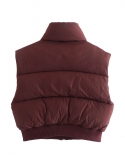  Brown Stand Collar Women S Fashion Short Autumn And Winter Vest Zipper Cotton Jacket