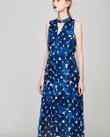 V-neck Silk Texture Blue Polka Dot Floral Sleeveless Dress With Collar