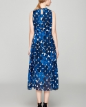 V-neck Silk Texture Blue Polka Dot Floral Sleeveless Dress With Collar