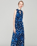  V-neck Silk Texture Blue Polka Dot Floral Sleeveless Dress With Collar