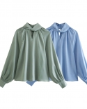 Blue And Green Womens Fashion Long Sleeve Shirt In Morandi Colors